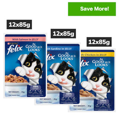 Purina Felix Sardine, Chicken and Salmon with Jelly Complete and Balanced Adult Cat Wet Food Combo