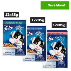 Purina Felix Mackerel, Sardine and Salmon with Jelly Complete and Balanced Adult Cat Wet Food Combo