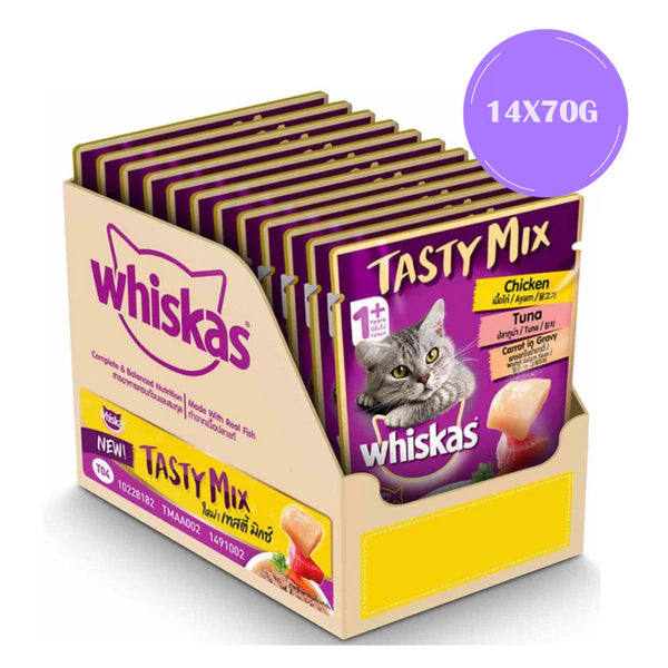 Whiskas Chicken With Tuna & Carrot and Seafood Cocktail Wakame Seaweed in Gravy Tasty Mix Adult Cat Wet Food Combo